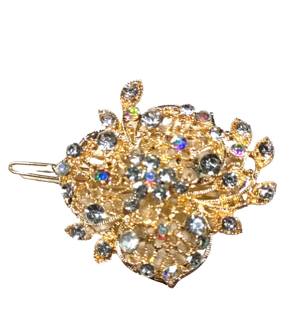 Gold Ice Hair Barrette Gold Tone Icey Blue Rhinestone Hair Barrette